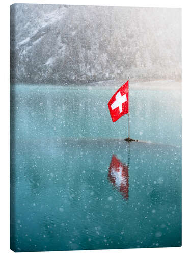 Canvas print Swiss flag in the Oeschinensee