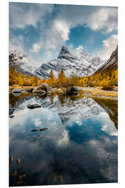 Print på skumplade Mirrored Swiss mountains in the Valais