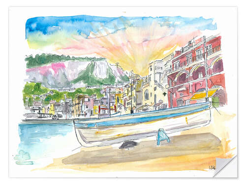 Muursticker Marina Grande boat and harbor scene on Capri island in Italy