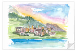 Selvklebende plakat St. Moritz Switzerland Alpine style with lake and mountains