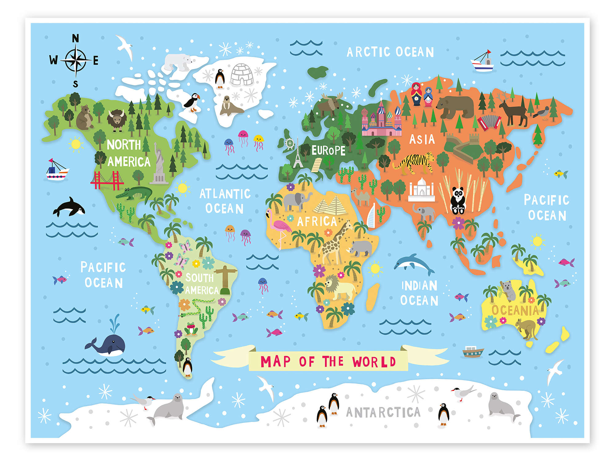 Poster mappa del mondo per i bambini blu, giallo e verde - 160 x 110 cm -  Sanders & Sanders