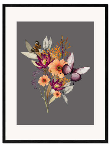 Gerahmter Kunstdruck Floral mit Schmetterlingen II