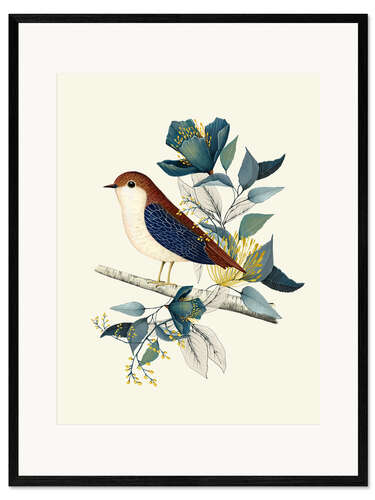 Impression artistique encadrée Floral avec oiseau I