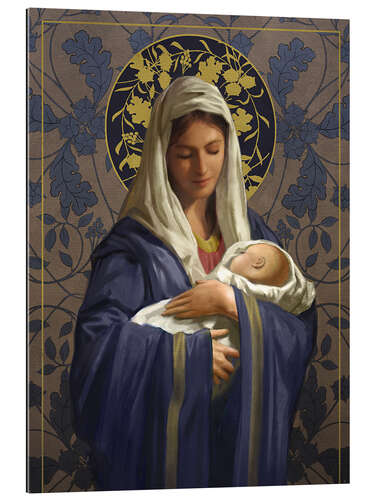 Quadro em plexi-alumínio Maria com uma capa azul com o menino Jesus