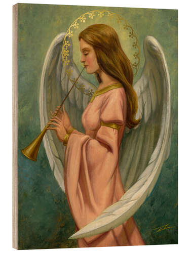 Print på træ Musician angel with green background
