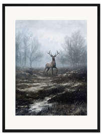 Gerahmter Kunstdruck Hirsch im ersten Schneefall