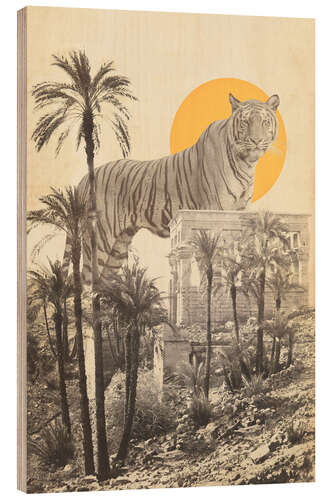 Wood print Tiger between ruins and palm trees