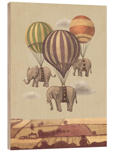 Wood print Flying Elephants