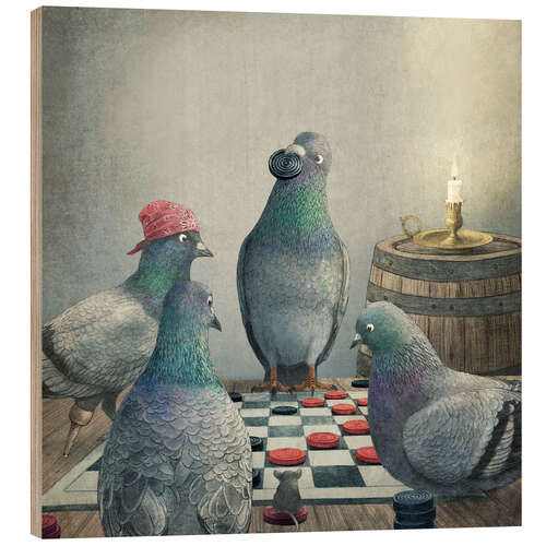 Wood print Checker playing pigeons