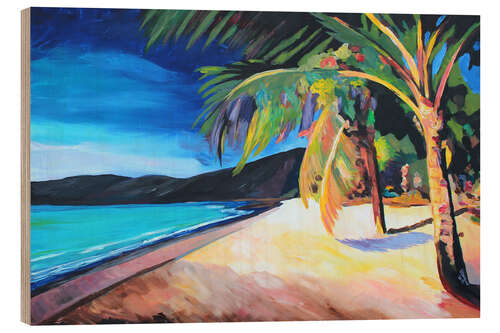 Wood print Caribbean bay with palm trees