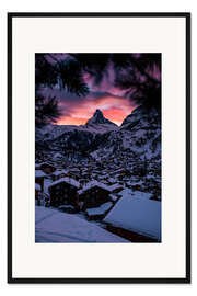 Gerahmter Kunstdruck Sonnenuntergang über Matterhorn und Zermatt
