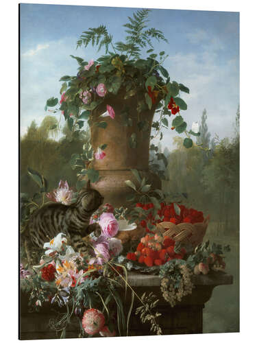 Tableau en aluminium Nature morte avec fleurs et fruits sur une dalle de pierre