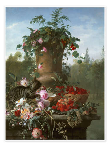 Poster Still life with flowers and fruits on a stone slab