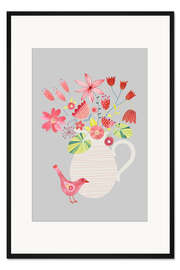 Gerahmter Kunstdruck Vogel mit einem Krug Blumen