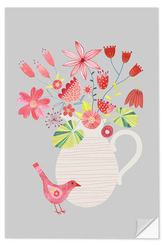 Muursticker Bird with a Jug of Flowers