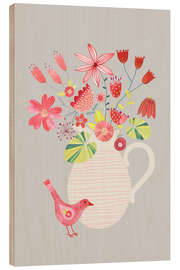 Wood print Bird with a Jug of Flowers