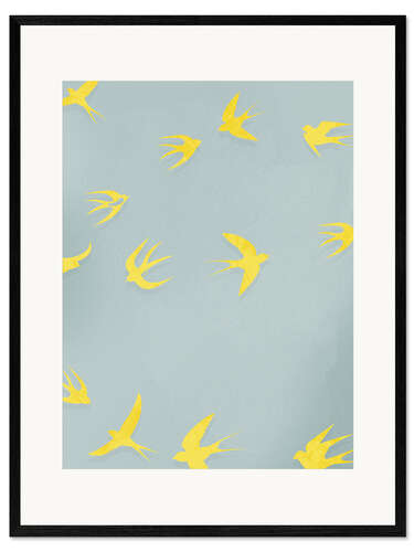 Kehystetty taidepainatus Yellow Swallows on Grey