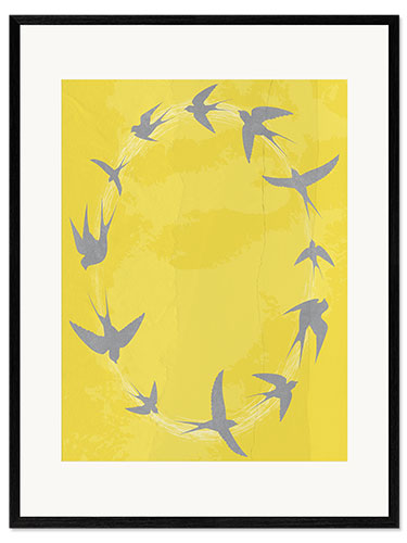 Framed art print Gray Swallows on Yellow