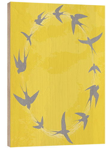 Wood print Gray Swallows on Yellow