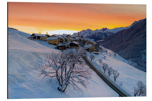 Aluminium print Snow-covered mountain village at dawn, Switzerland