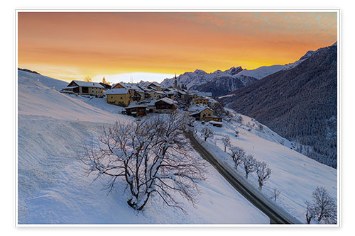 Poster Snow-covered mountain village at dawn, Switzerland