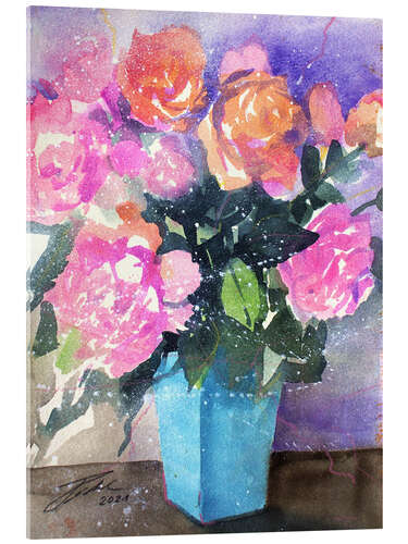 Acrylic print Pink and orange roses in vase