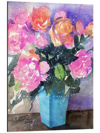 Aluminium print Pink and orange roses in vase