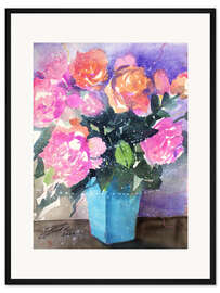 Gerahmter Kunstdruck Rosa und orangene Rosen in einer Vase