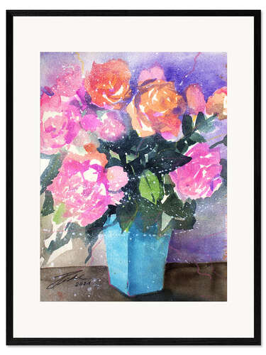 Plakat artystyczny premium w ramie Pink and orange roses in vase