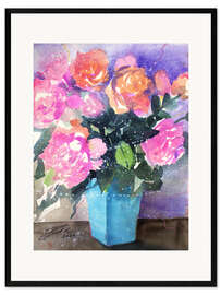 Innrammet kunsttrykk Pink and orange roses in vase