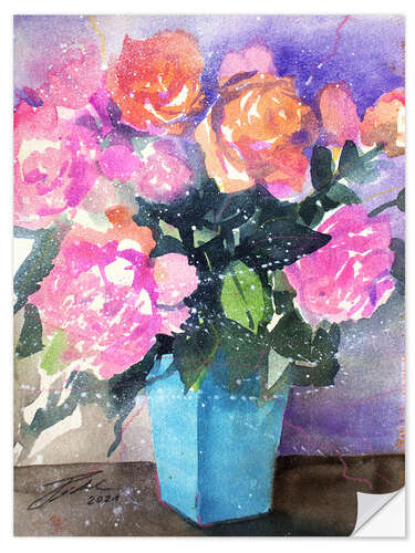 Selvklebende plakat Pink and orange roses in vase