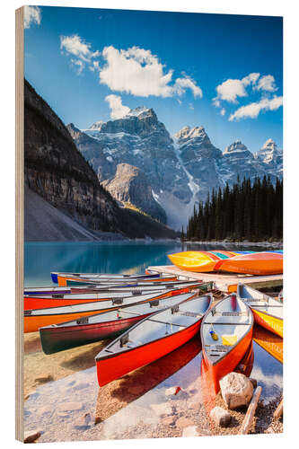 Wood print Colorful canoes at Moraine lake