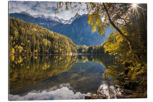 Tableau en plexi-alu Matin d'automne au lac Piburger See à Ötztal, Autriche