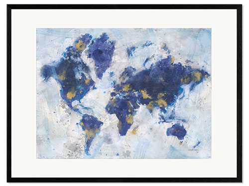 Ingelijste kunstdruk Indigo world map