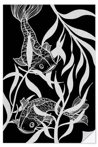 Selvklebende plakat Dyad - Black and white Japanese fish