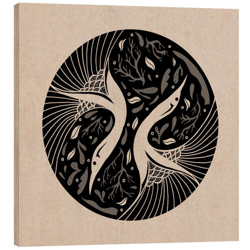 Hout print Opposites - Japanese circular cranes