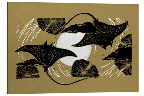 Alubild Mondstrahlen im Chroma - Schwarz-goldene Mantas und Mond