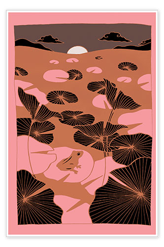 Poster Solitude - Pink and bronze lotus pond frog