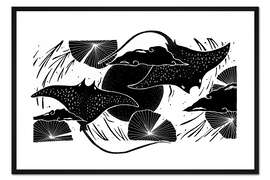 Gerahmter Kunstdruck Mondstrahlen - Schwarze-weiße Mantarochen