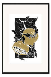 Gerahmter Kunstdruck Nether - Schwarz-goldene botanische Granatäpfel