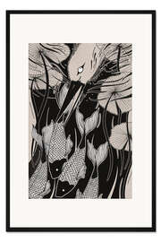 Gerahmter Kunstdruck Fang - Japanischer Reiher und Koi-Karpfen-Teich