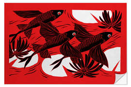 Selvklebende plakat Flash - Black, red and white flying fish