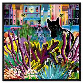 Gerahmter Kunstdruck Schwarze Katze im Stadtgarten