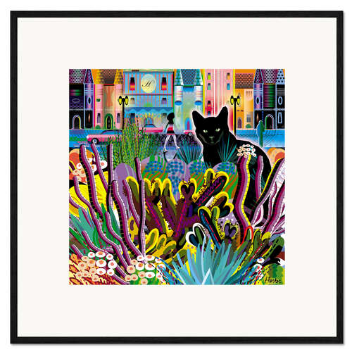 Impression artistique encadrée Chat noir dans le jardin de la ville