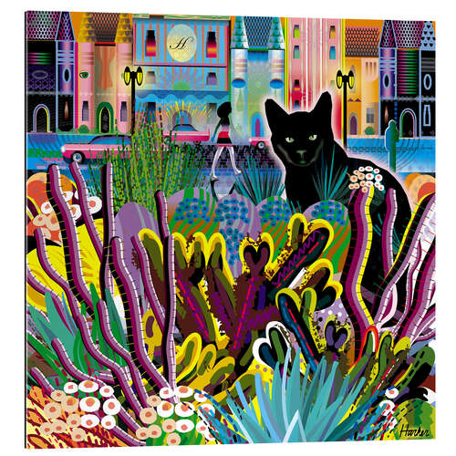 Tableau en plexi-alu Chat noir dans le jardin de la ville