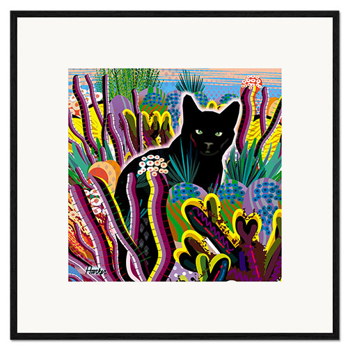 Impresión de arte enmarcada Gato negro en el jardín