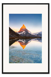 Gerahmter Kunstdruck Matterhorn bei Sonnenaufgang vom Riffelsee, Zermatt, Schweiz