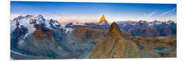 Hartschaumbild Breithorn- und Matterhorngipfel bei Sonnenuntergang, Zermatt, Schweiz