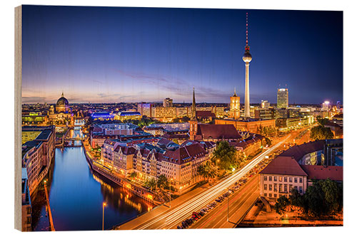 Wood print Berlin: View of the Spree and the television tower at night