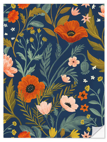 Selvklebende plakat Blue botanical pattern